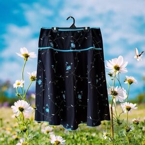 JKLA California Black Skirt with Turquoise & Cream Embroidered Floral Print